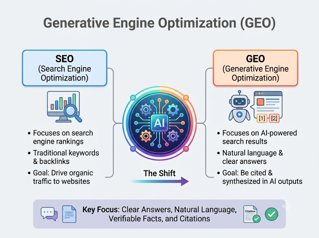 Generative Engine Optimization (GEO): How to Optimize Your Website for AI Search Comparison infographic of SEO vs. GEO, showing the shift from traditional search rankings to AI-powered results and citations