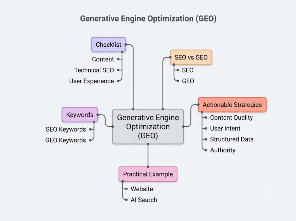 Generative Engine Optimization (GEO): How to Optimize Your Website for AI Search A clean mindmap diagram titled