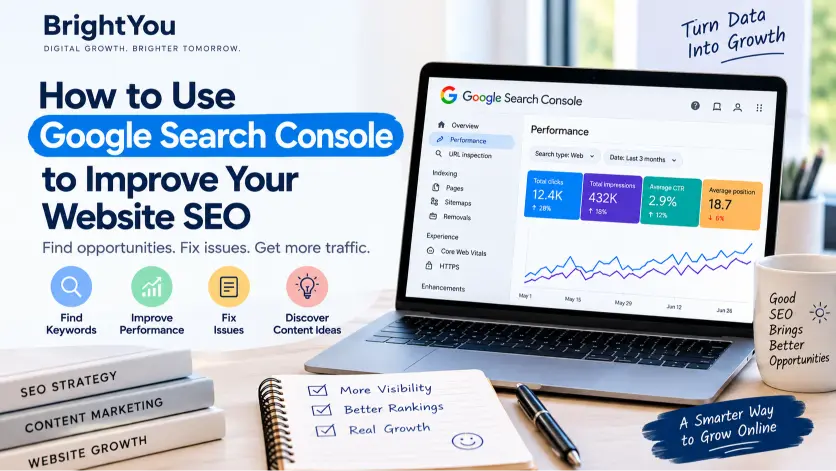 How to Use Google Search Console to Improve Your Website SEO Google Search Console SEO guide showing search performance, clicks, impressions, and keyword data