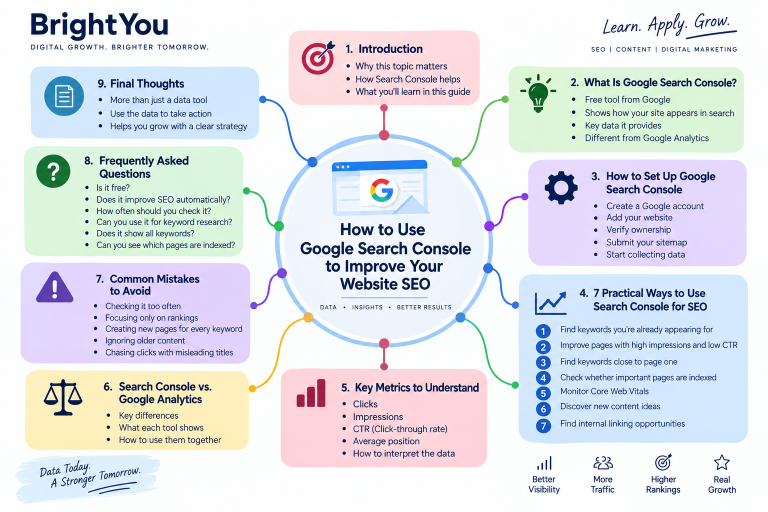 How to Use Google Search Console to Improve Your Website SEO Google Search Console SEO mind map showing setup, key metrics, practical SEO uses, common mistakes, FAQs, and ways to improve website performance.