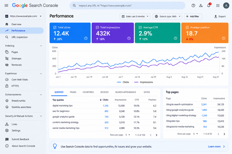 Google AI Overviews Explained: Impact on SEO, Traffic and Clicks Google Search Console Performance dashboard showing clicks, impressions, CTR, average position, search queries, top pages, and SEO performance data.