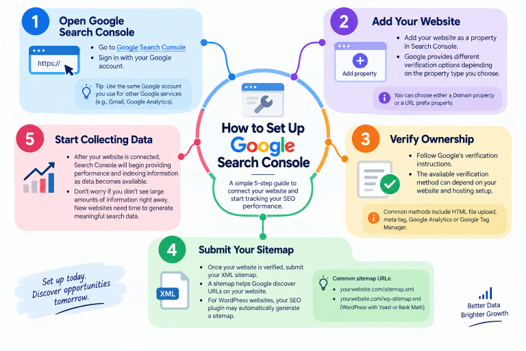 How to Use Google Search Console to Improve Your Website SEO Google Search Console setup mind map showing five steps: open Search Console, add a website, verify ownership, submit an XML sitemap, and start collecting SEO data.