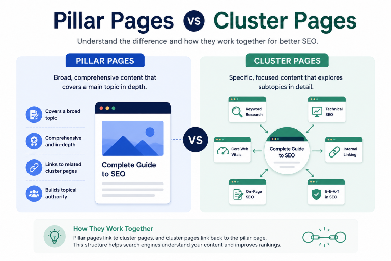 How to Create Content Clusters for Better SEO Rankings piller page vs cluster page image