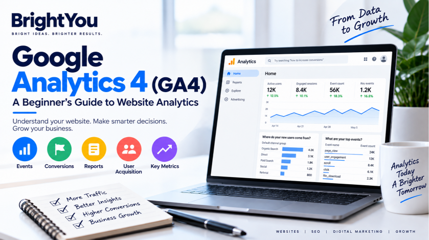 Google Analytics 4 (GA4): A Beginner’s Guide to Website Analytics Google Analytics 4 (GA4) mind map showing key features, benefits, setup process, reporting, data streams, and Google Tag Manager implementation.