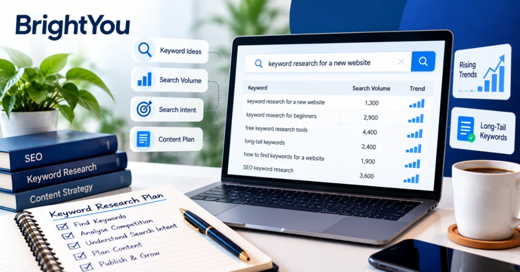 Keyword Research for a New Website: A Beginner’s Guide BrightYou keyword research guide showing SEO tools, keyword ideas, search volume, and content planning.