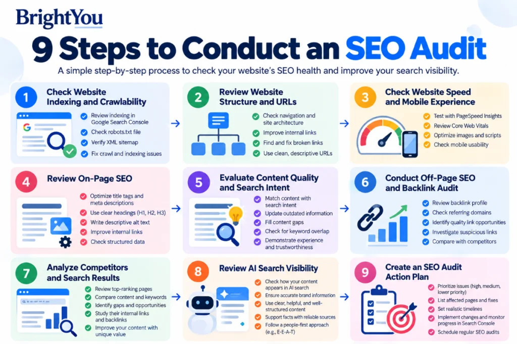 How to Do an SEO Audit for a Website: A Step-by-Step Checklist BrightYou infographic showing nine steps to conduct an SEO audit, from checking indexing and website structure to content quality, backlinks, AI search visibility, and creating an SEO action plan.