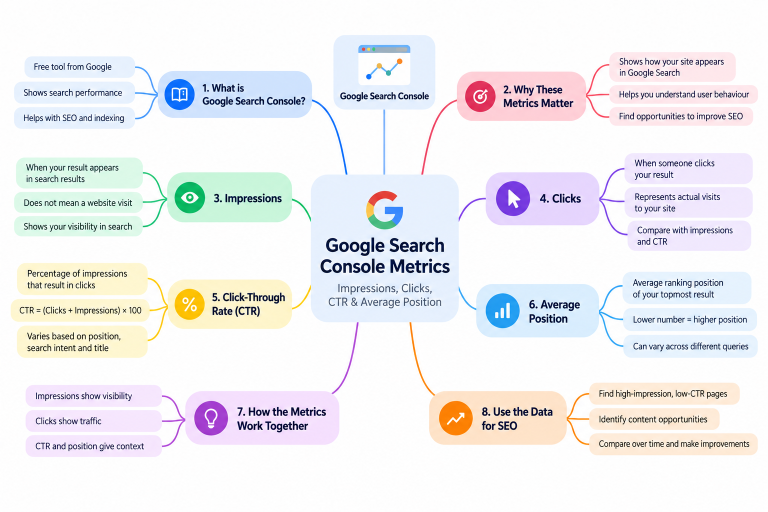 Google Search Console Metrics Explained: Impressions, Clicks, CTR & Average Position Google Search Console metrics mind map showing impressions, clicks, CTR, average position, and SEO insights.